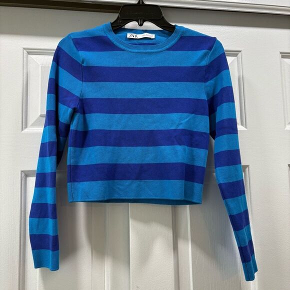 ZARA Blue Striped Long Sleeve Cropped Sweater Top Size L - Picture 4 of 12